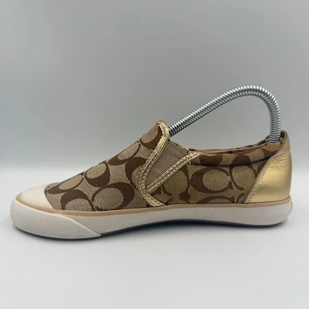 Coach Barrett Womens Size 7 Slip On Sneakers Monogram Canvas Metallic Gold Brown